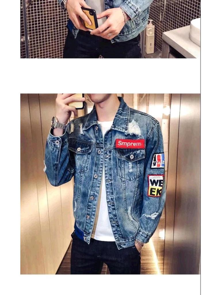 Herren Europäischer Stil Retro Bestickte Zerrissene Jeansjacke