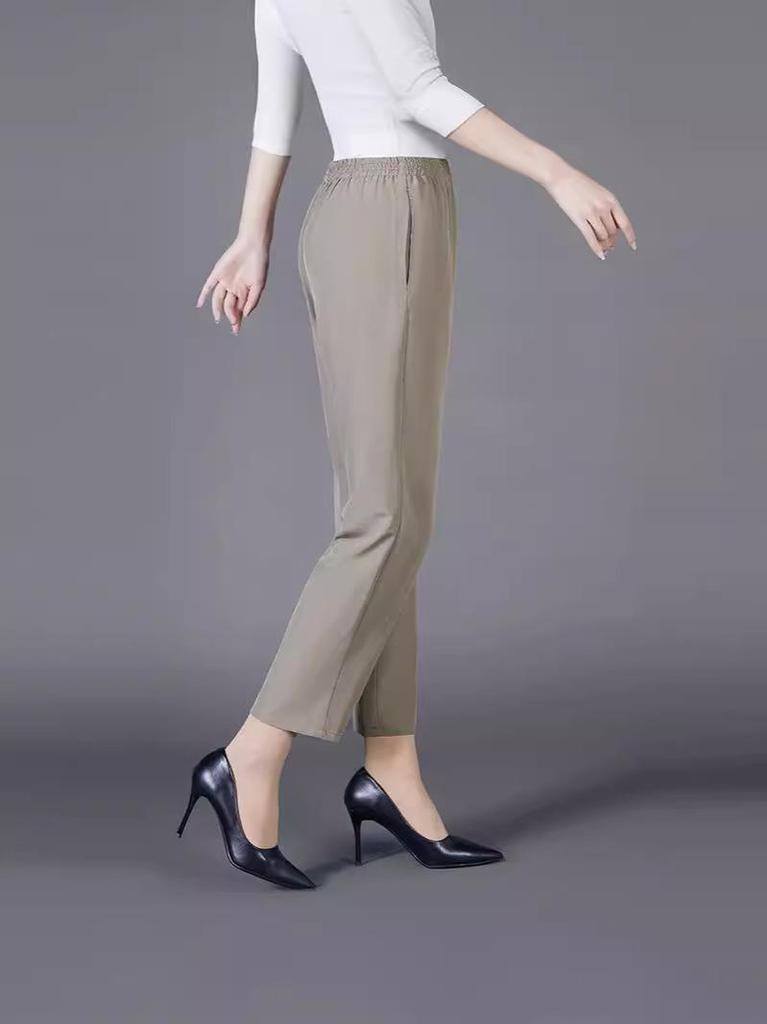 Summer Ice Silk High-Waist Elastic Pants for Middle-Aged and Older Women - Casual, Loose-Fit, Straight, Nine-Point Length