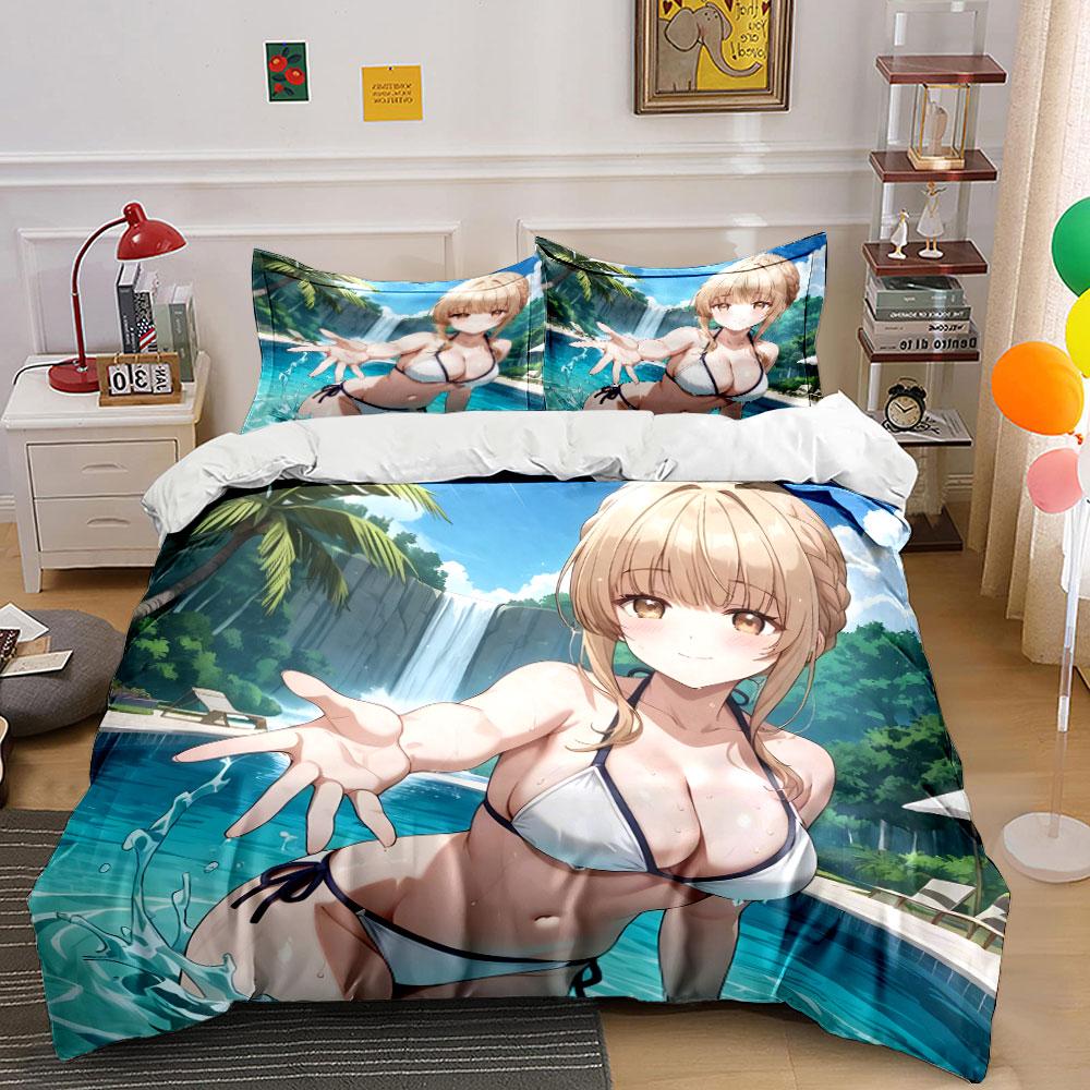 Japanese Anime Girl In White Bikini By Pool Print Soft Comfortable Duvet Cover Bedding Set Included 1*Duvet Cover  2*Pillowcases EU Twin 135X200cm&set