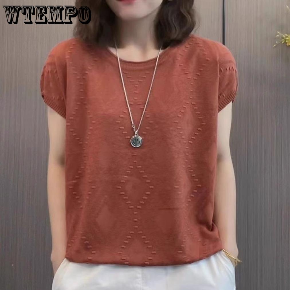 Summer Women's Knitted Short Sleeved T-shirt Loose Round Neck Women's Knitted Top