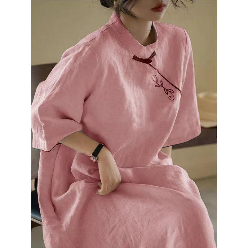 Women's 2024 Summer Retro Embroidered Cheongsam Dress with Stand Collar