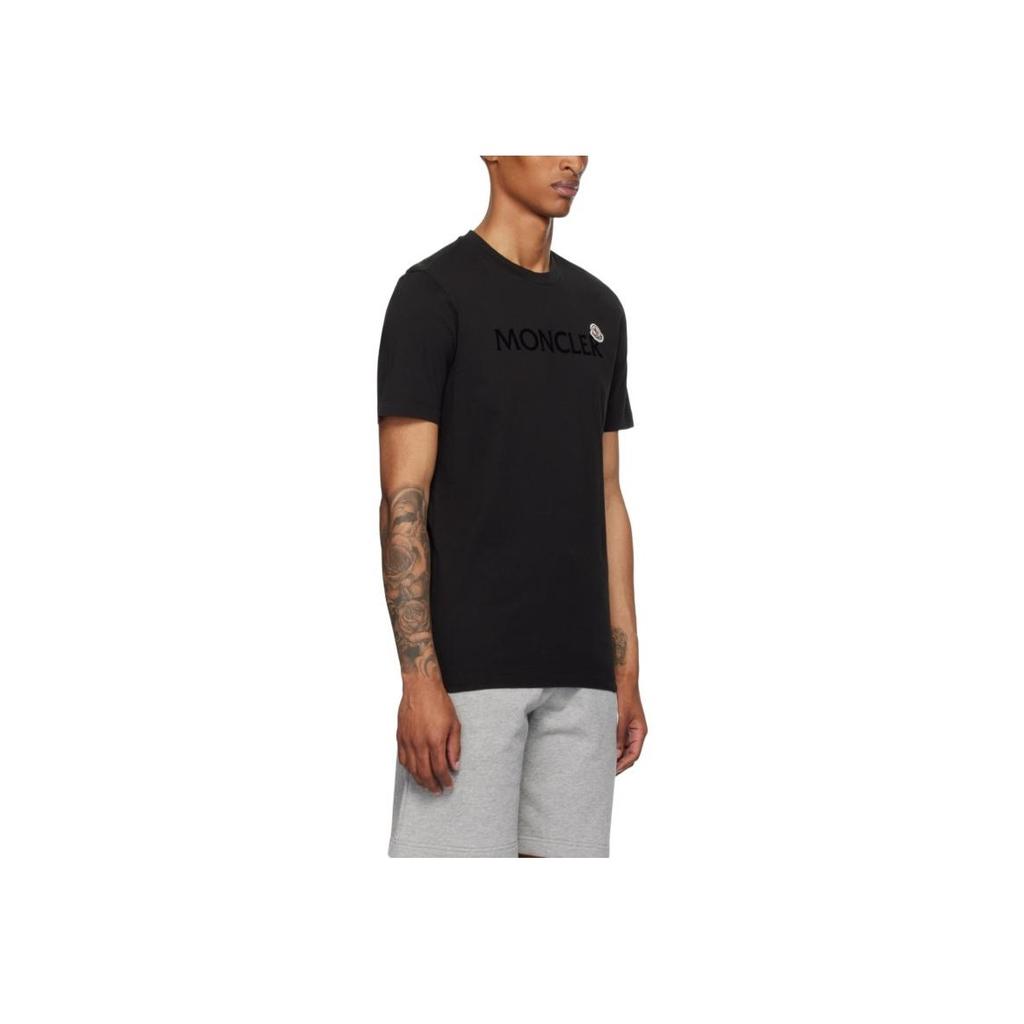 Moncler Bawełniany T-shirt z Logo Welurowym Męskie Koszulki Czarne K2-091-8C00036-8390T-999