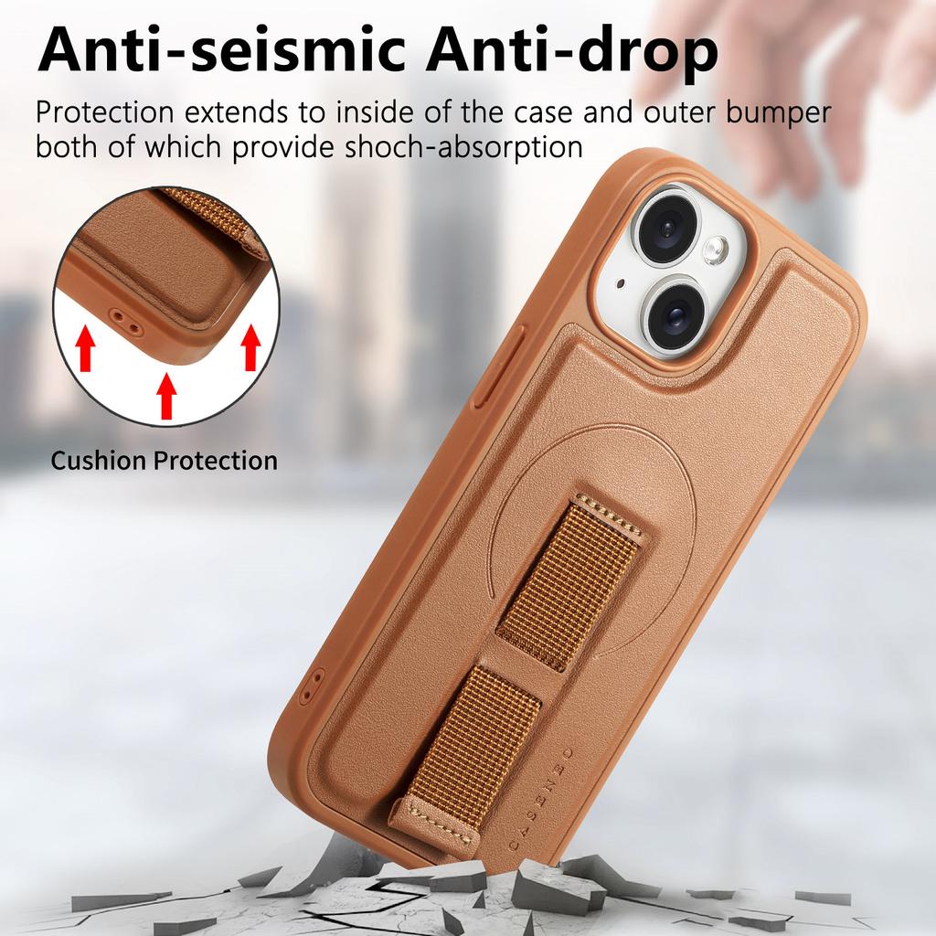 For iPhone 15 Plus/iPhone 14 Plus Magnetic Case CASENEO Wristband PU Leather+PC Shockproof Phone Cover