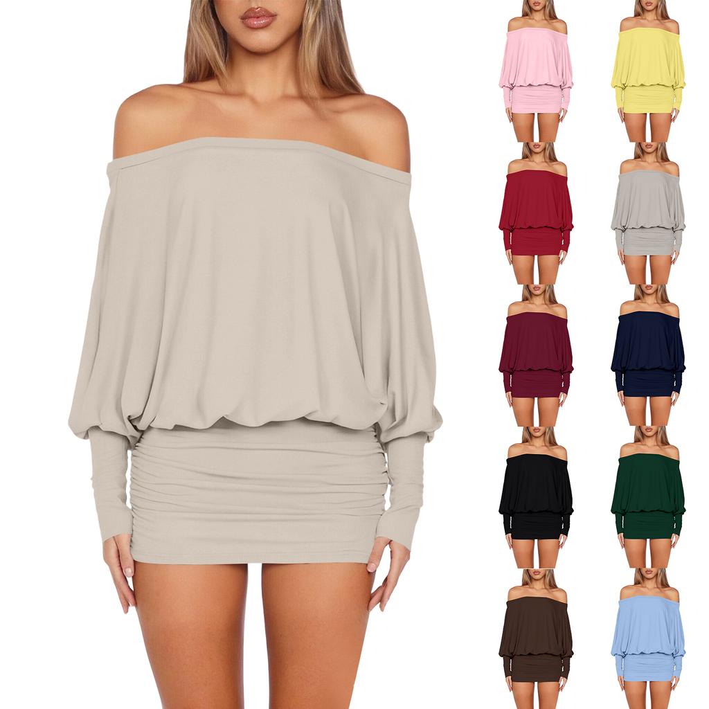 Mini Abito da Donna Scollo a Barca Manica Lunga Casual Vestibilità Larga Pullover Elasticizzato Bodycon