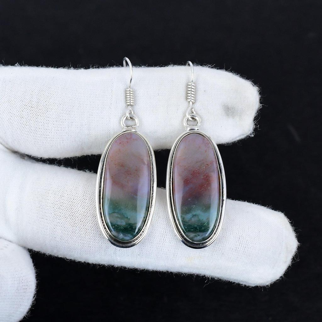 Natürlicher Indischer Moosachat Edelstein Antike Ohrringe 925 Sterlingsilber Ohrring, Boho Silberschmuck Hängeohrringe, Partykleidung Geschenke