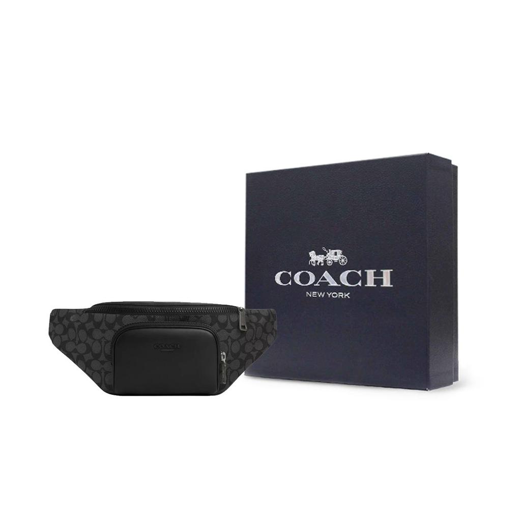 Coach Racer Gürteltasche 41 Logo Reißverschluss Glattes Kalbsleder Beschichtetes Canvas Hüfttasche Große Herren Hüfttasche Anthrazit CT714-QBMI5
