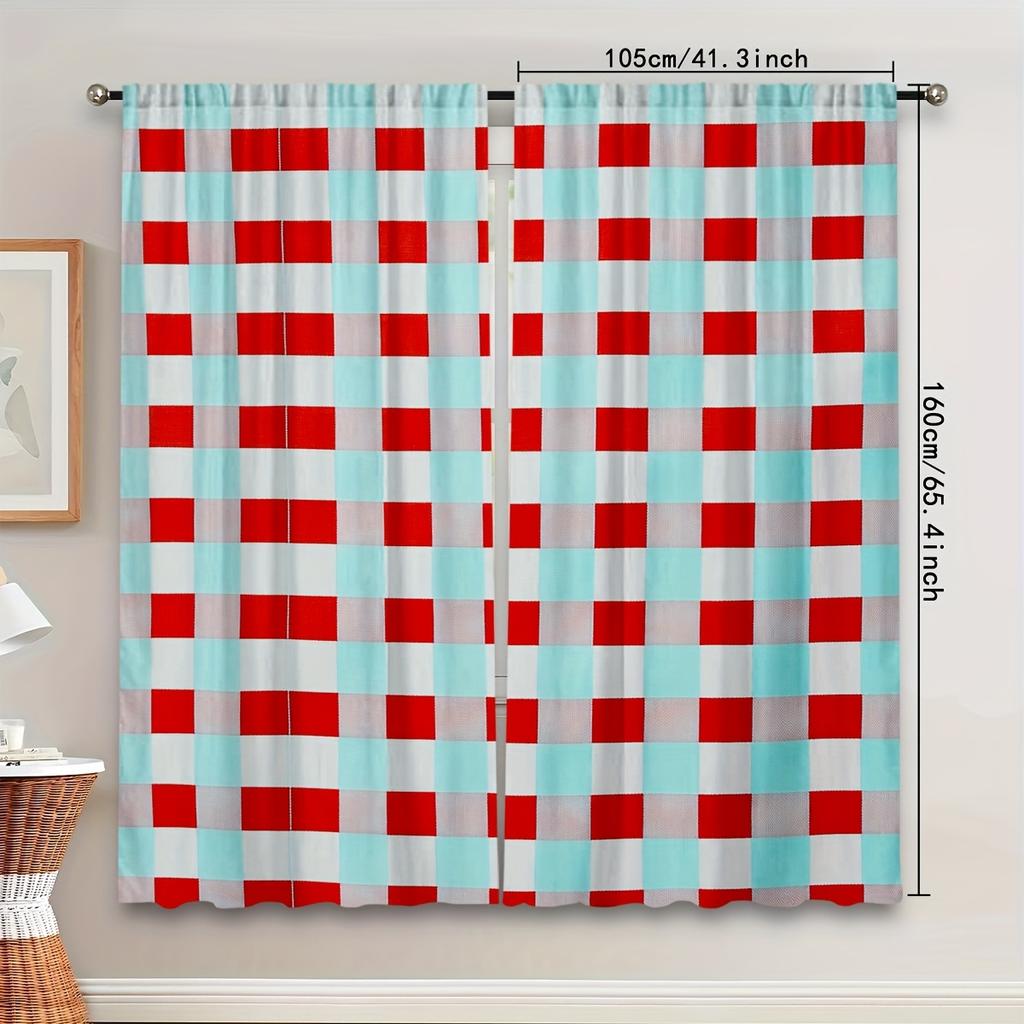 Set Of 2 Classic Curtains Red White Checkered Pattern Fresh Light Blue Background Clean Lines Refined Quality Curtain Polyester