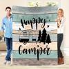 Cozy Flannel Throw Blanket with Happy Camper Design-Turquoise Blue & Brown Camping Theme, Quilted Texture, All-Season Soft Polyester Bedspread for Sof