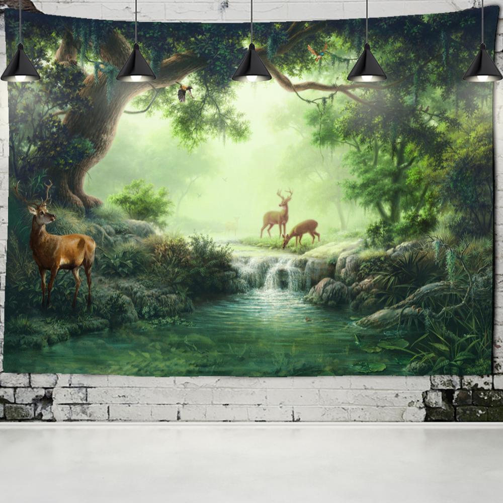 Colorful Cartoon Elk Forest Tapestry Wall Hanging Psychedelic Witchcraft Hippie Nature Scenery Home Decor Background Cloth