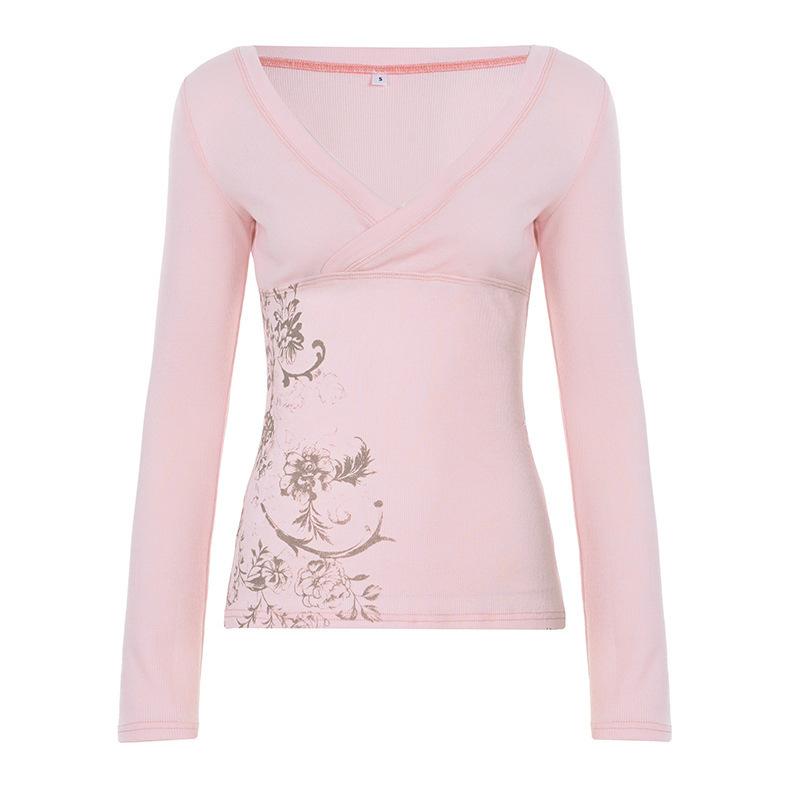 Vintage Millennial Spice Style Floral Print Autumn Long Sleeve T-Shirt Sexy Cross V-Neck Waist Bottom Top Women