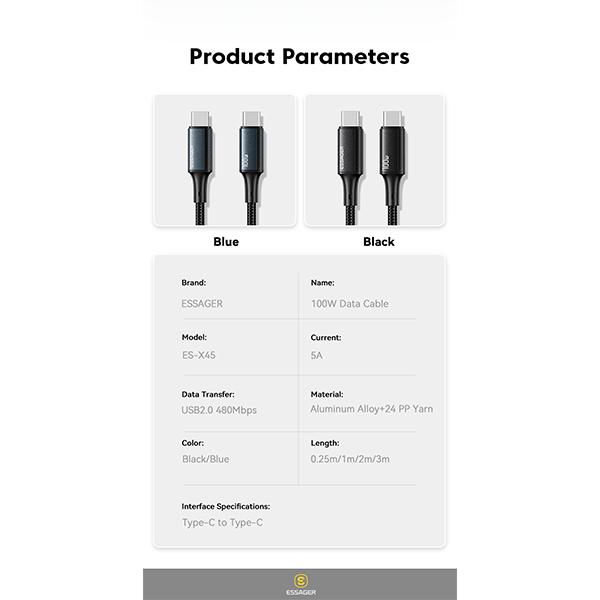 Essager Cabo Tipo C para Tipo C 100W PD Carregamento Rápido USB C para USB C Cabo Carregador C para C Fio Para MacBook iPad Xiaomi Realme POCO