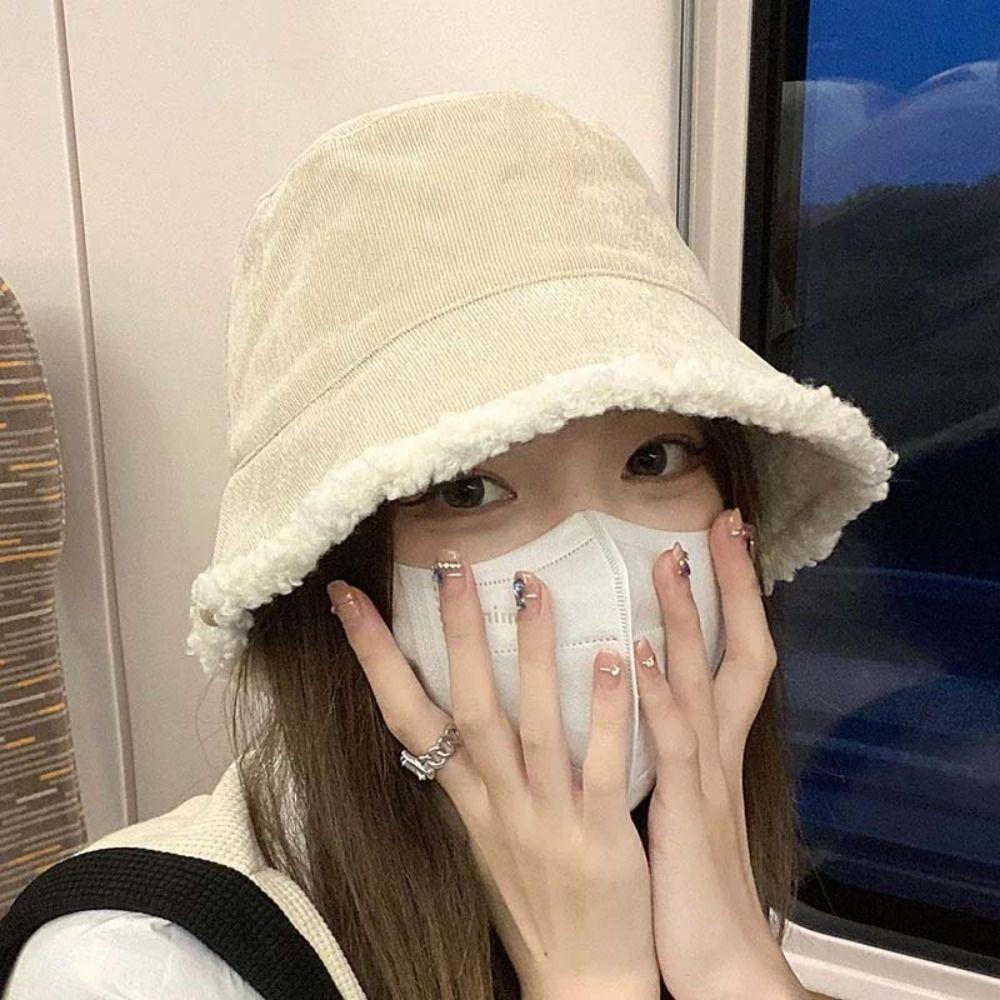 Sun Protection Pure Color Warm Caps Casual Female Hats Winter Foldable Plush Fishman Hat Girl