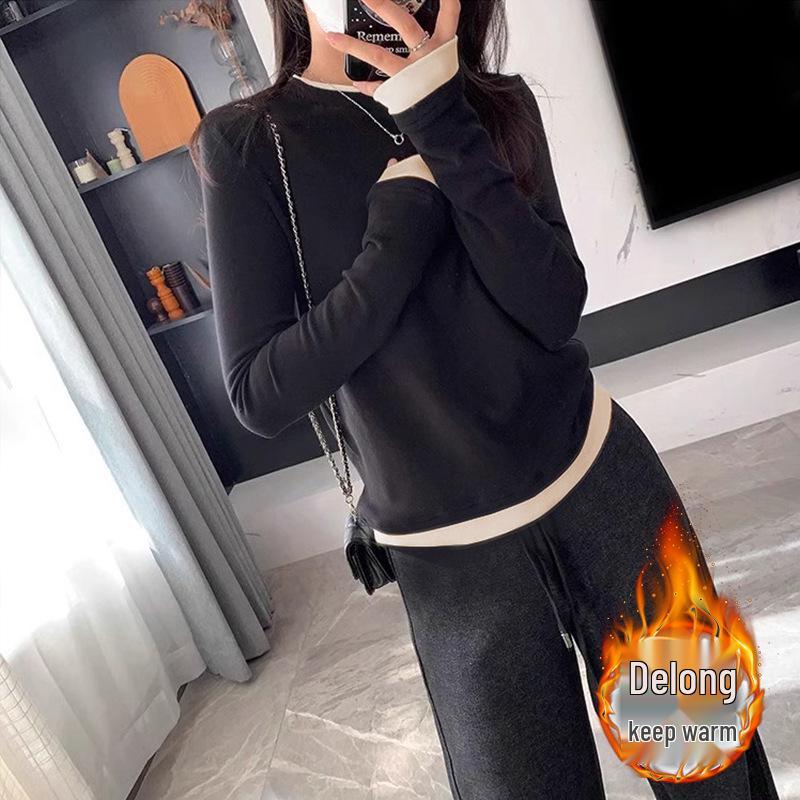 

New Korean Style Warm Velvet Two-Piece Long-Sleeve Shirt for Women Large чорний/абрикосовий