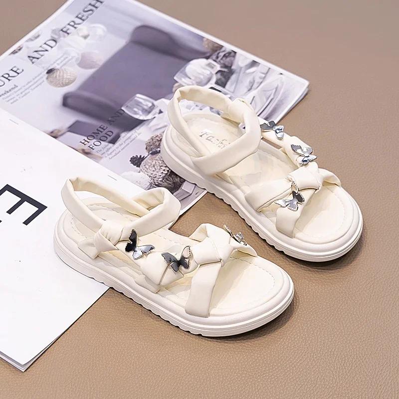 Girls Butterfly Sandals Princess Sweet Children New Trendy Chic Summer Beach Shoes Soft Beige Black with Metal Butterfly Cute