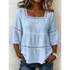 Summer Women's Solid Color Linen Cotton Square Neck Lace Trim 3/4 Sleeve Casual Top
