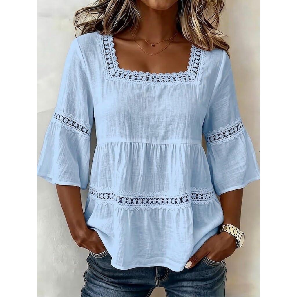 Summer Women's Solid Color Linen Cotton Square Neck Lace Trim 3/4 Sleeve Casual Top