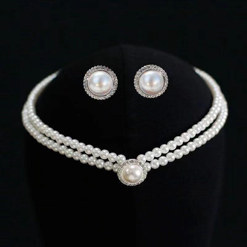 Korean Bridal Necklace & Earrings Set - Rhinestone & Pearl Wedding Accessories