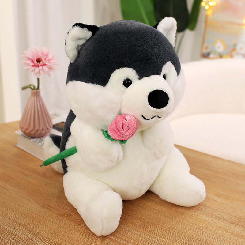 Cute Cartoon Handheld Rose Husky Plush Stuffed Toy Pillow For Room Decoration