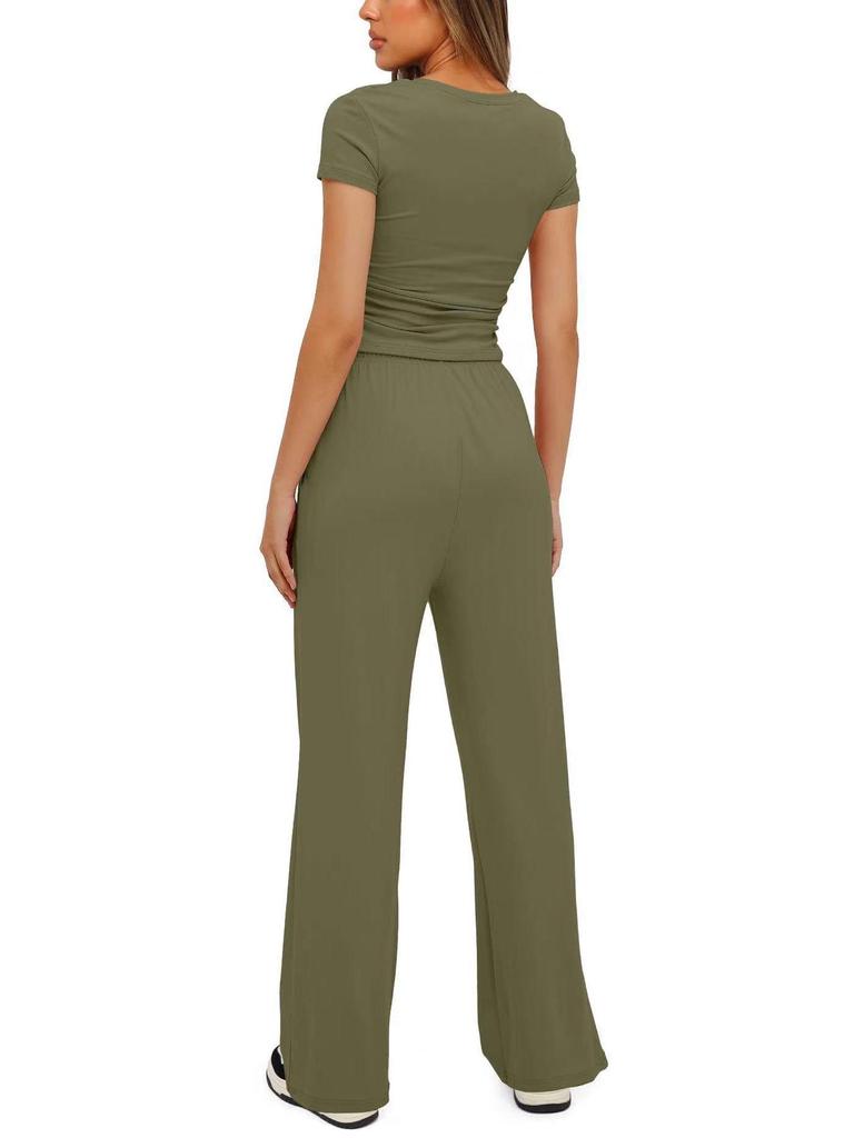 2026 European & American Women's Two-Piece Casual Set: Ruffled Short-Sleeve Top & Wide-Leg Pants