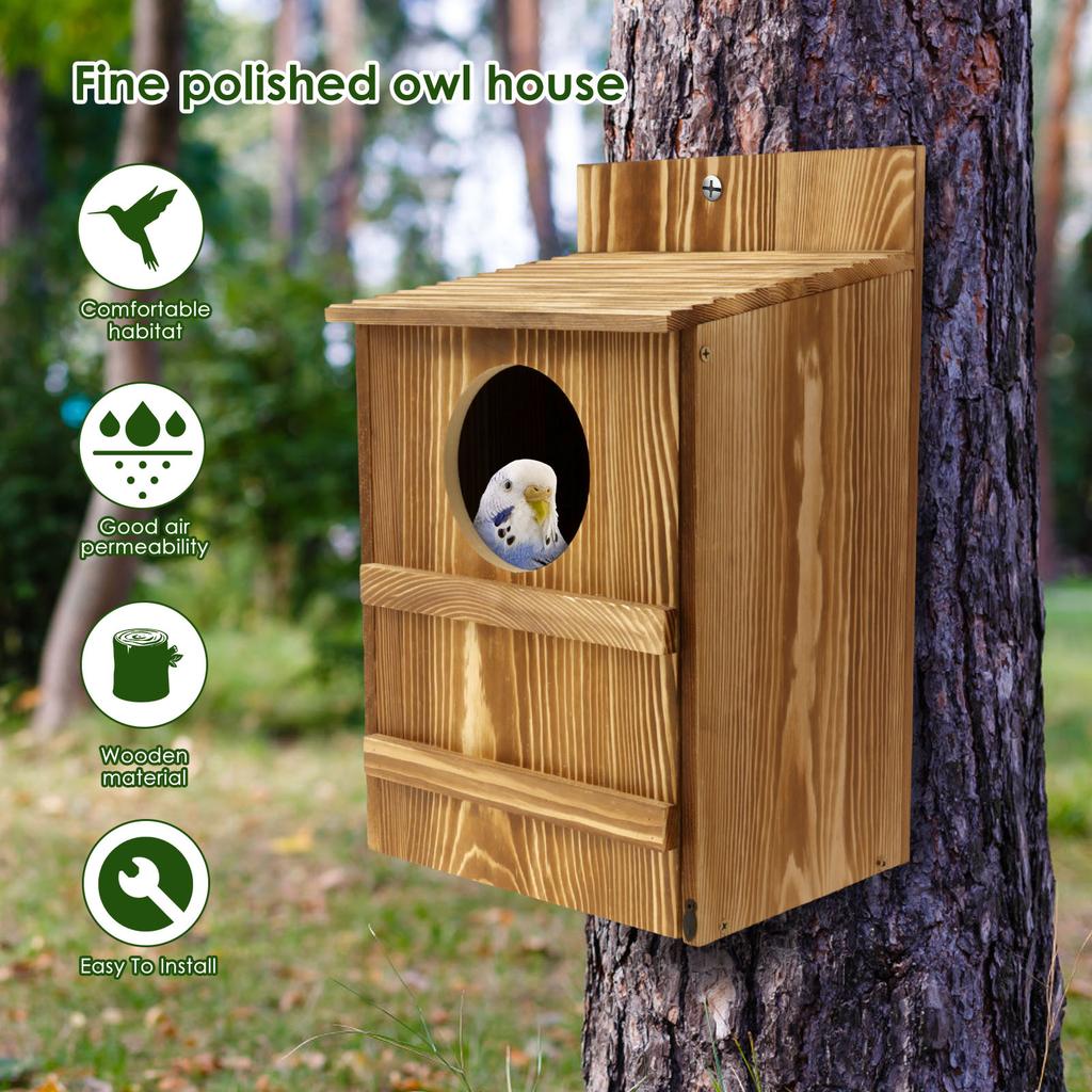 Casa per gufi in legno Apertura circolare Casa per uccelli Dimensioni grandi Nido Uccelli Scatola per la nidificazione Decorazione per balcone Accessori per animali domestici da appendere