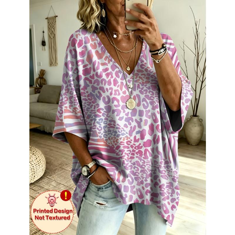 Printed Design-NotTextured, leopard imitation sequin print V-neck short sleeves