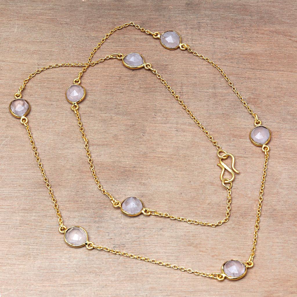 Necklace Pink Rose Quartz Feceted Gemstone Handmade Silver Jewelry 24''