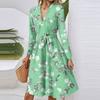 Women's Fashion Casual V-Neck Long Sleeve Waist Floral Print Midi Dress