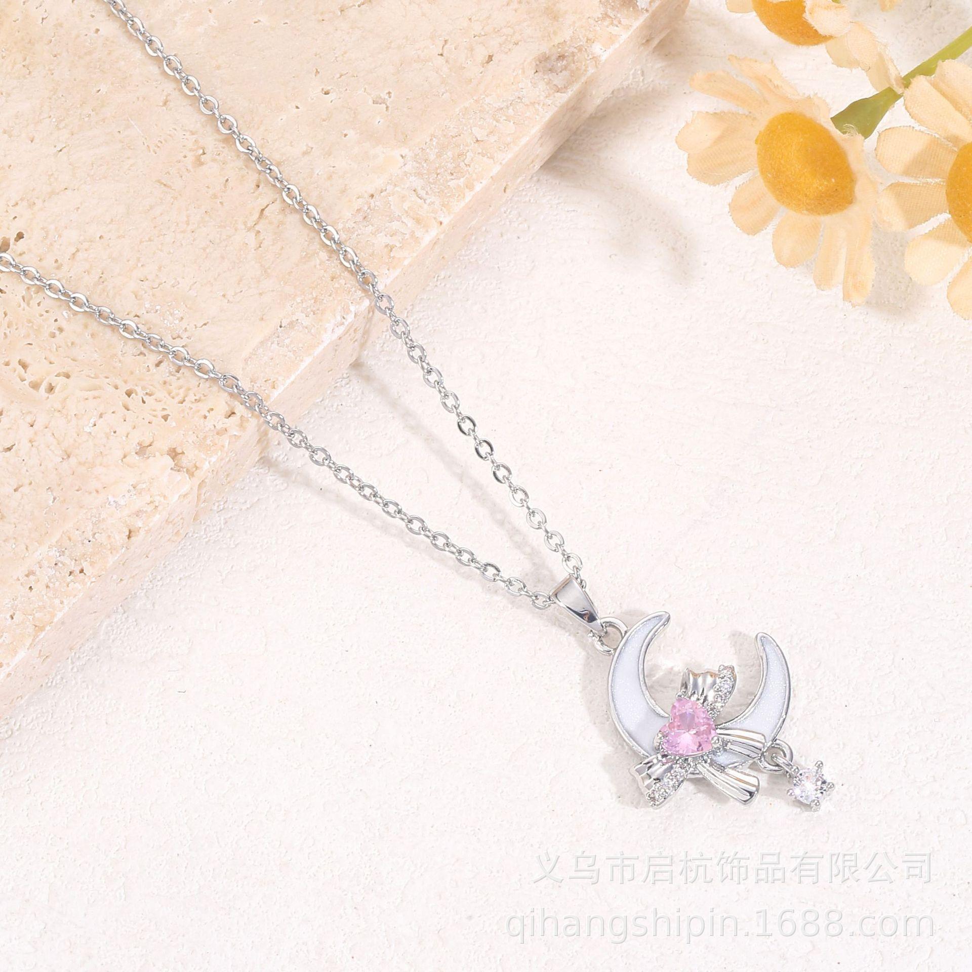 

Ожерелье-бант из титановой стали Женское Легкая роскошь Простое Универсальное Циркон Сердце Луна Подвеска Аксессуары