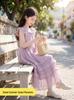 Girls' Puff Sleeve Lace Cake Dress - Summer 2026 Style, Slim Waist Long Dress for Kids