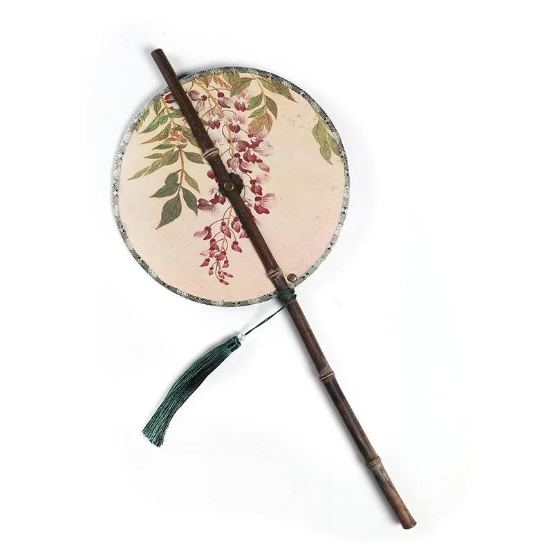 Chinese Style Purple Bamboo Long Handled Tassel with Curly and Winding Fan Hanging Waist Fan Ancient Style Group Fans