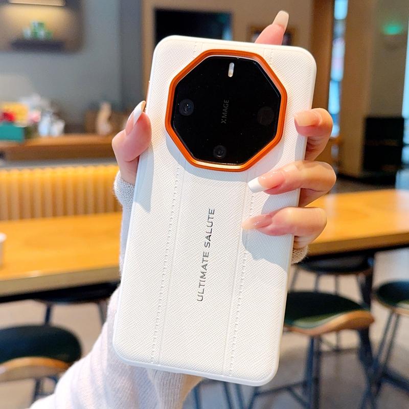 Luxury Cross Texture Leather Design Case For Huawei Mate 60RS 50RS 40RS Slim Orange Camera Ring Shockproof Cover