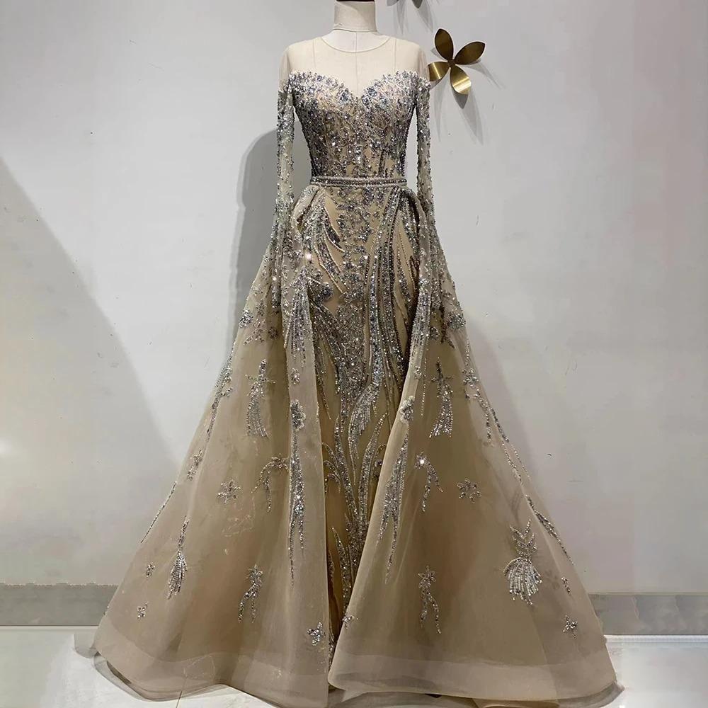 Nude high-end elegant fishtail long dress luxury bead host banquet performance evening dress LA11911