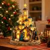 Resin Nativity Church Tower Figurine Warm LED Light Christmas Tabletop Decoration Religious Ornament Gift