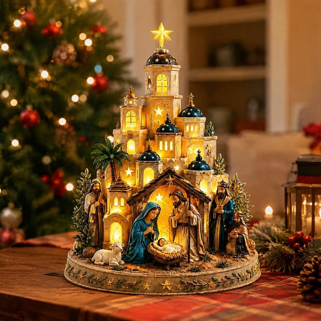 Resin Nativity Church Tower Figurine Warm LED Light Christmas Tabletop Decoration Religious Ornament Gift