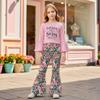 Girls Fashion Spring Autumn 2 Piece Sets Long Sleeve Letter Flared Cuff Pullover Top Flower Leopard Print Flared Pants Outfit