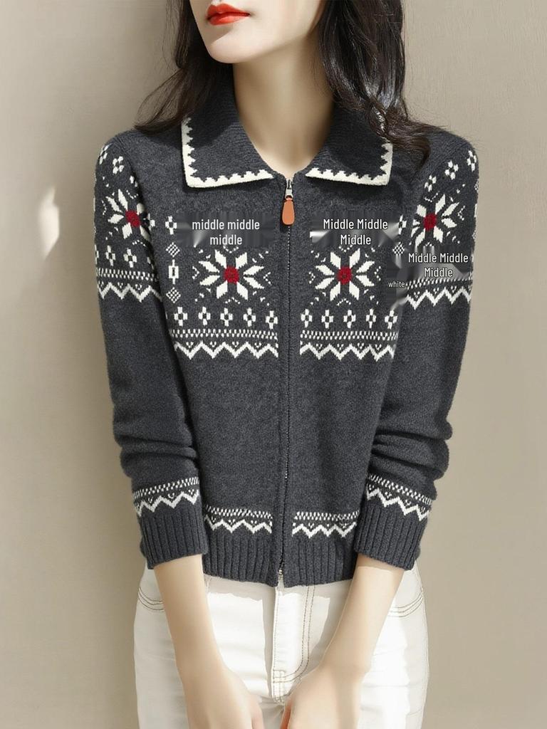 Women's Fair Isle Retro Knit Cardigan with Zippered Lapel - 2026 Spring/Autumn Collection.