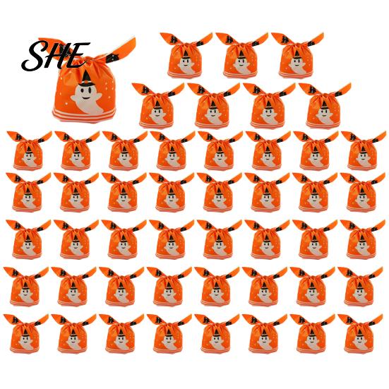 Transparent Cookie Bags with Drawstrings 48 Pcs Halloween Candy Bags, Kids Trick or Treat Goodie Cute Rabbit Small Containers for Party Ear