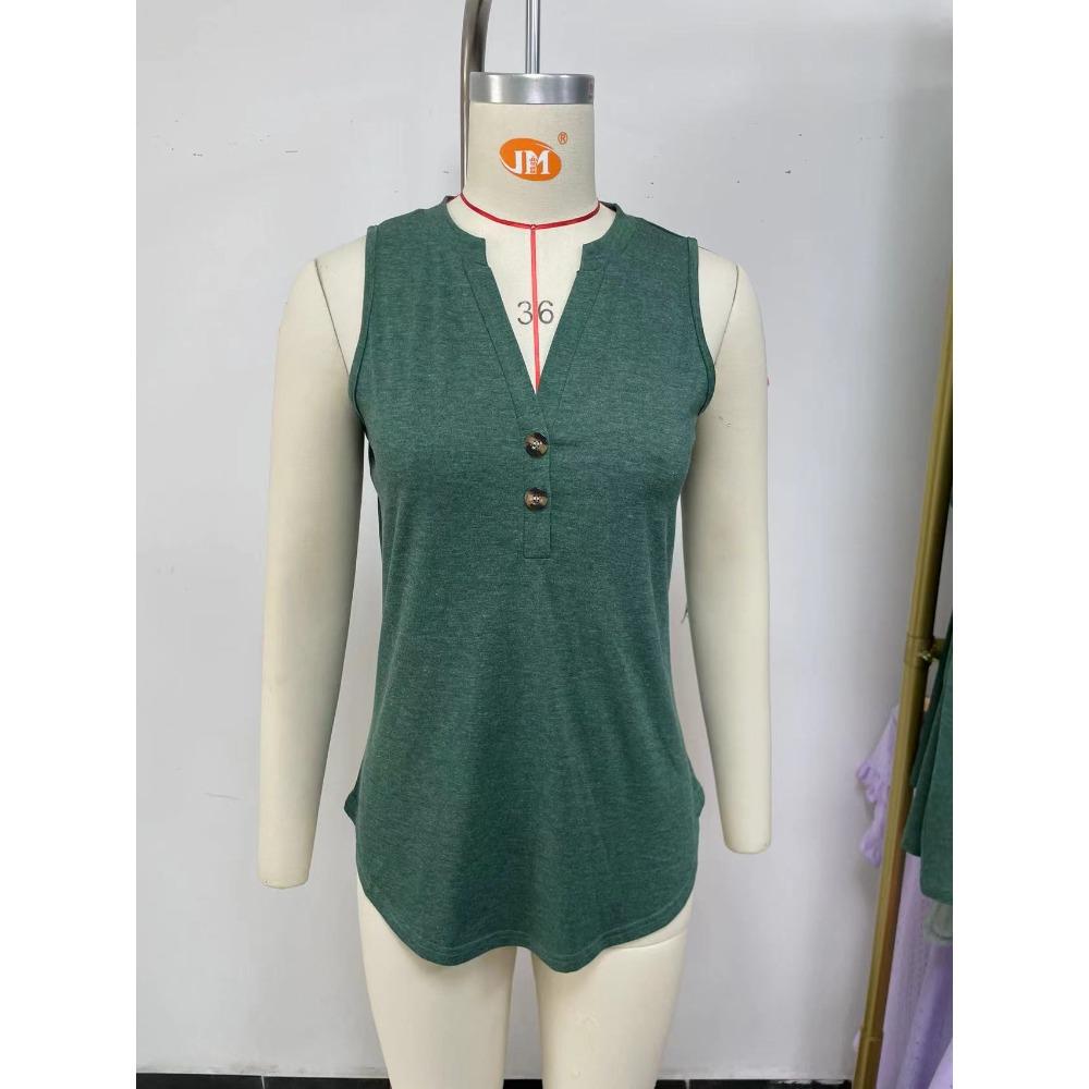 Women's V‑Neck Partial Button Sleeveless Tank Top Regular Fit Casual Solid Spring Summer Women Tee