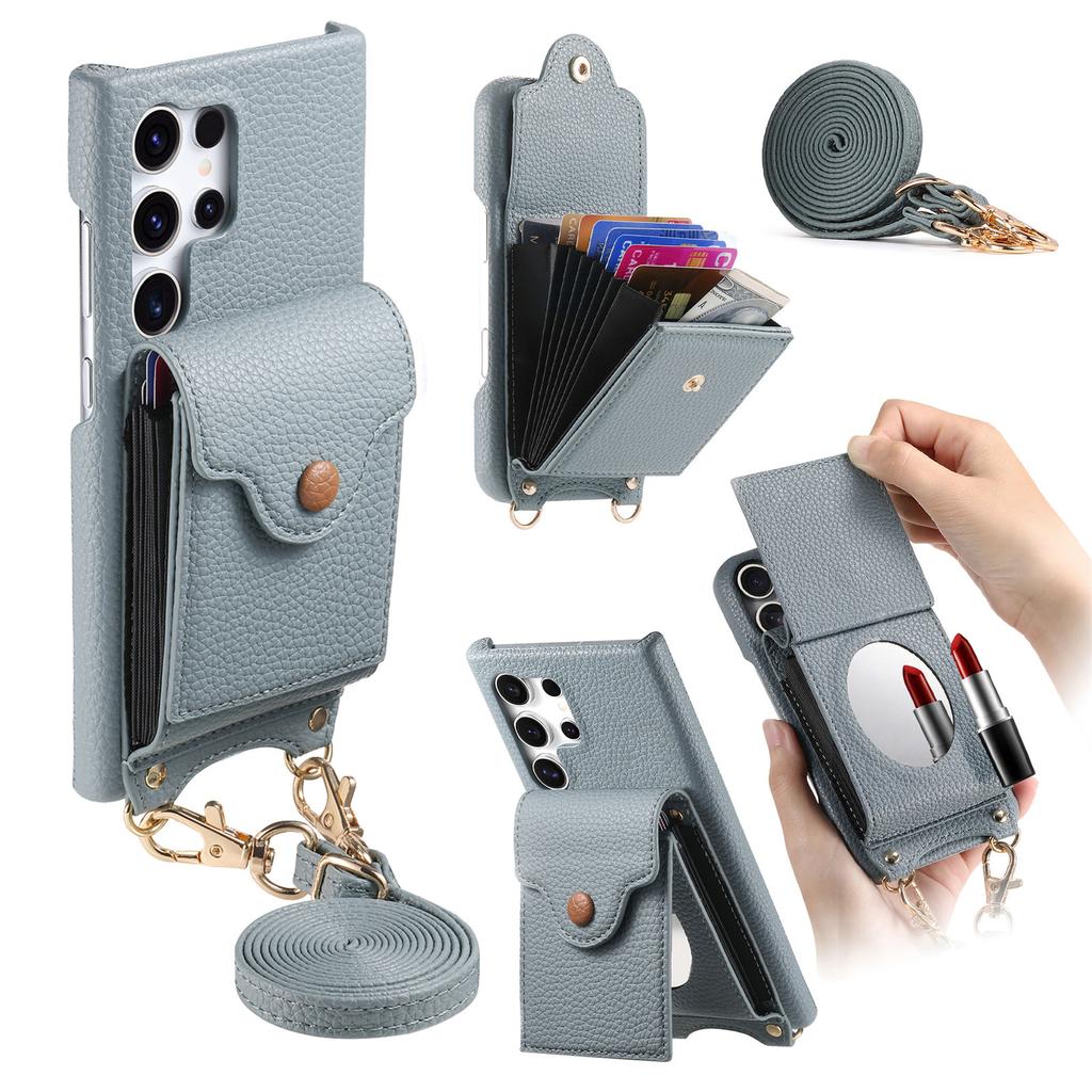 For Samsung Galaxy S25 Ultra Case Mirror Card Holder Litchi Texture Leather Phone Back Cover with Long Strap