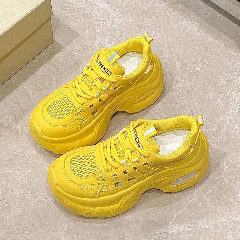Fashion 7.5CM Breathable Hollow Leather Women Sandals Vulcanized Mesh Chunky Shoes Platform Shoes High Heels Casual Summer Sneakers