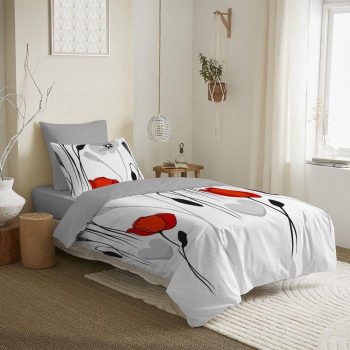 Pack complet housse de couette réversible pour lit 90 x 190 cm Coquelicot