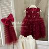 2025 Winter Red Velvet Mesh Princess Dress for Toddlers with Bowknot