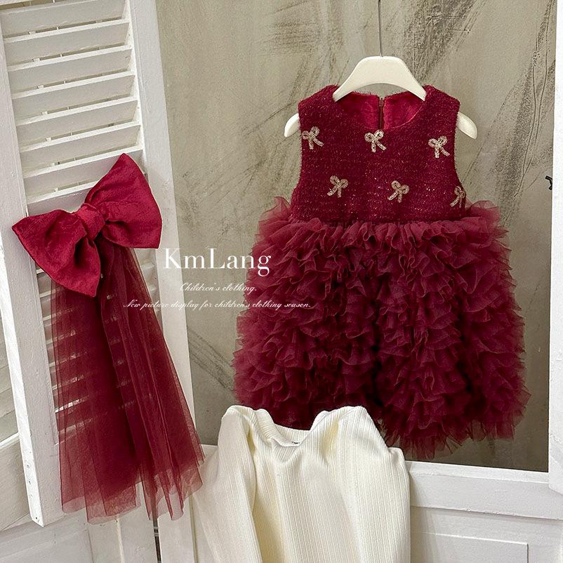 2025 Winter Red Velvet Mesh Princess Dress for Toddlers with Bowknot