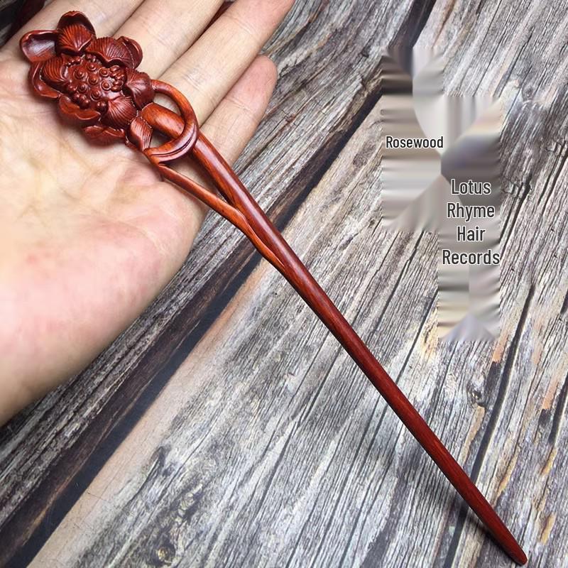 Red Sandalwood Women's Retro Hanfu Hairpins: Hollow Carved Moon Rabbit Wooden Ornaments