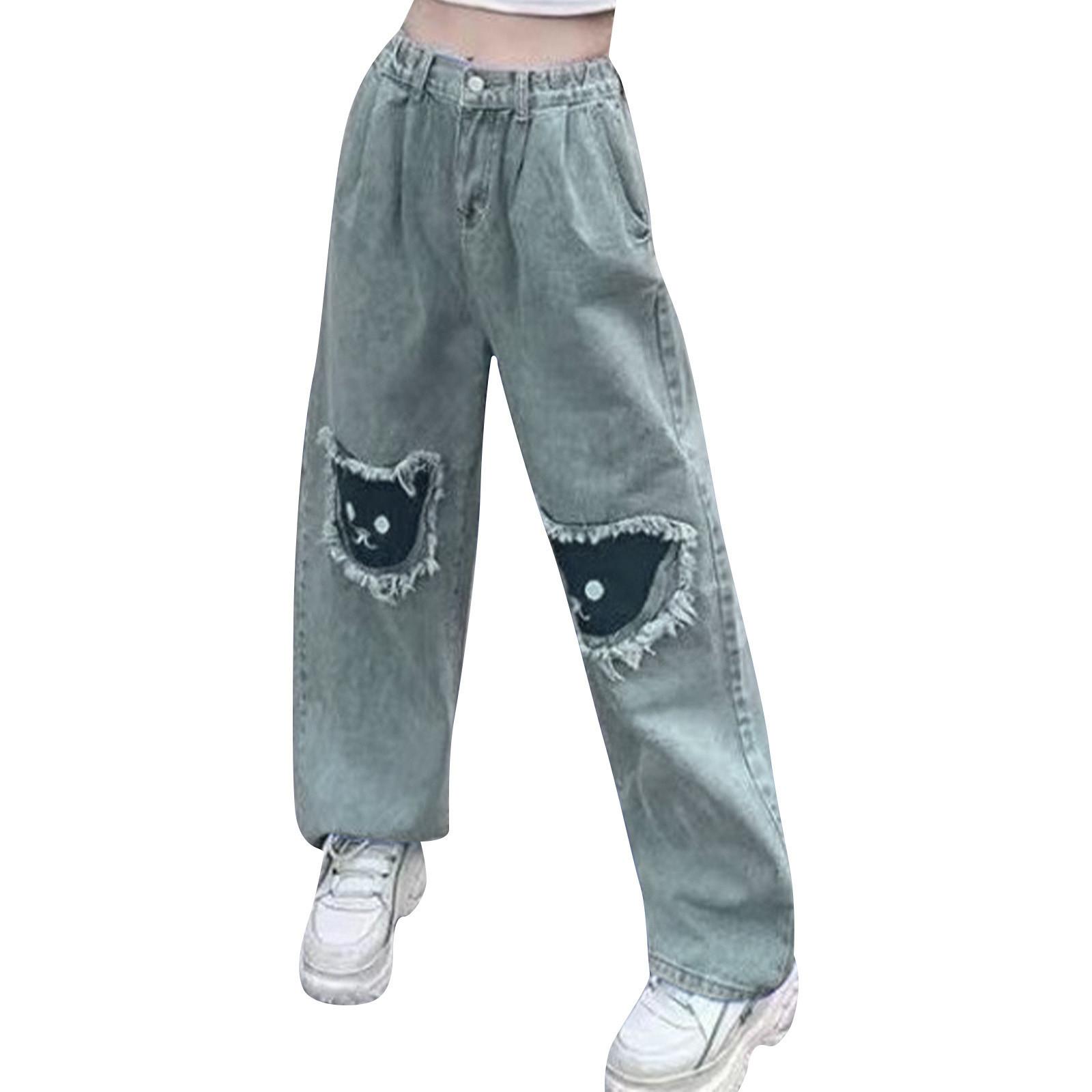 

Джинсы в стиле ретро с заплатками, женские, с высокой талией, универсальные, свободные, прямые, широкие брюки S синий