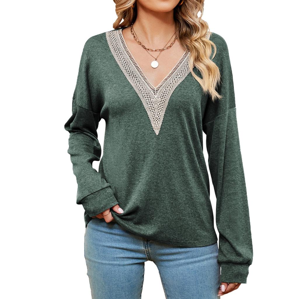 Solid Color Lace V-neck Color-block Loose Long Sleeve T-shirt Top Fall Winter New Arrival for Europe America Cross-border Trade