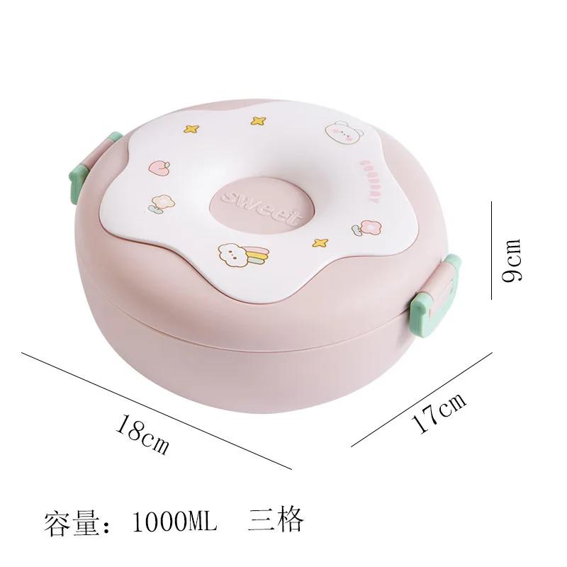 

Японские ланч-боксы герметичные с крышкой для ребенка, школьника, ребенка, микроволновые, коробка для закусок, мультяшный пончик с вилкой и ложкой, 3 отделения 1000ml розовый