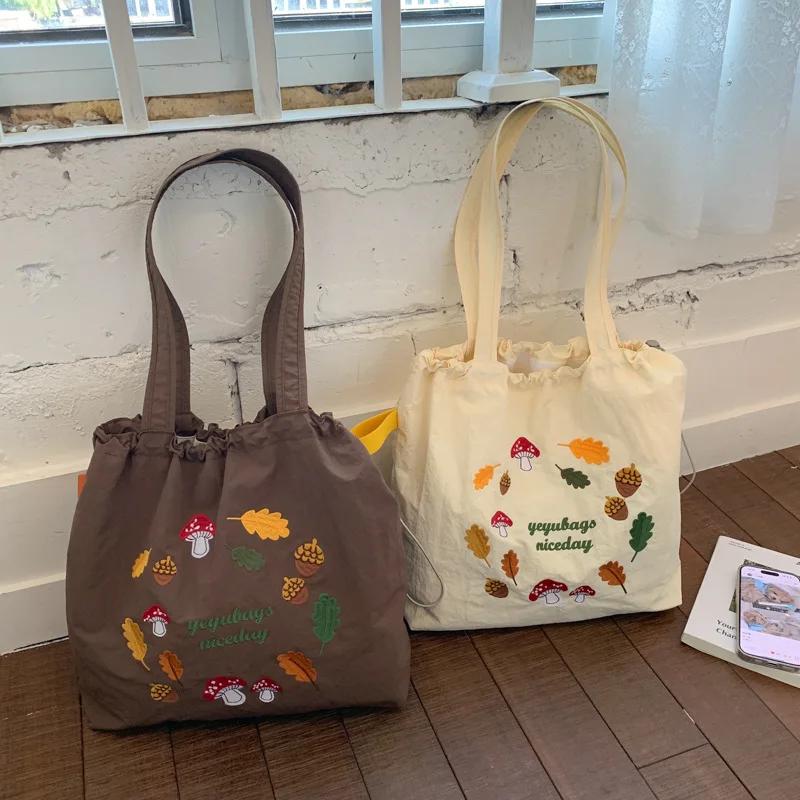 Vintage Embroidery Nylon Tote Shoulder Bag for Women Large Capacity Ladies Drawstring Shopper Bags Casual Portable Handbags