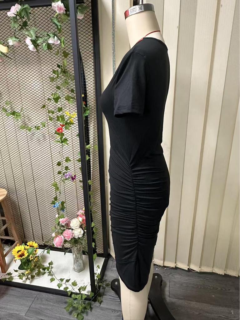 2026 European & American Women's Waist-Cinching Round Neck Hip-Hugging Short Sleeve Solid Color Sexy Dress