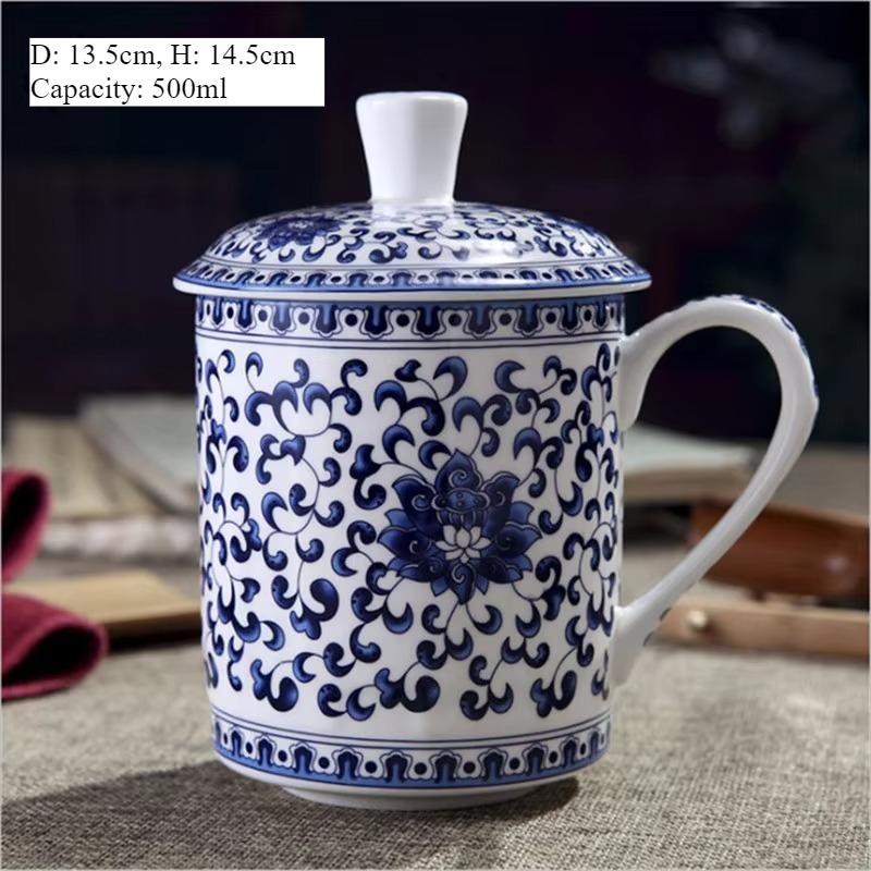 Jingdezhen Blue and White Porcelain Mug 500ml Chinese Dragon with Lid for Office Tea and Coffee